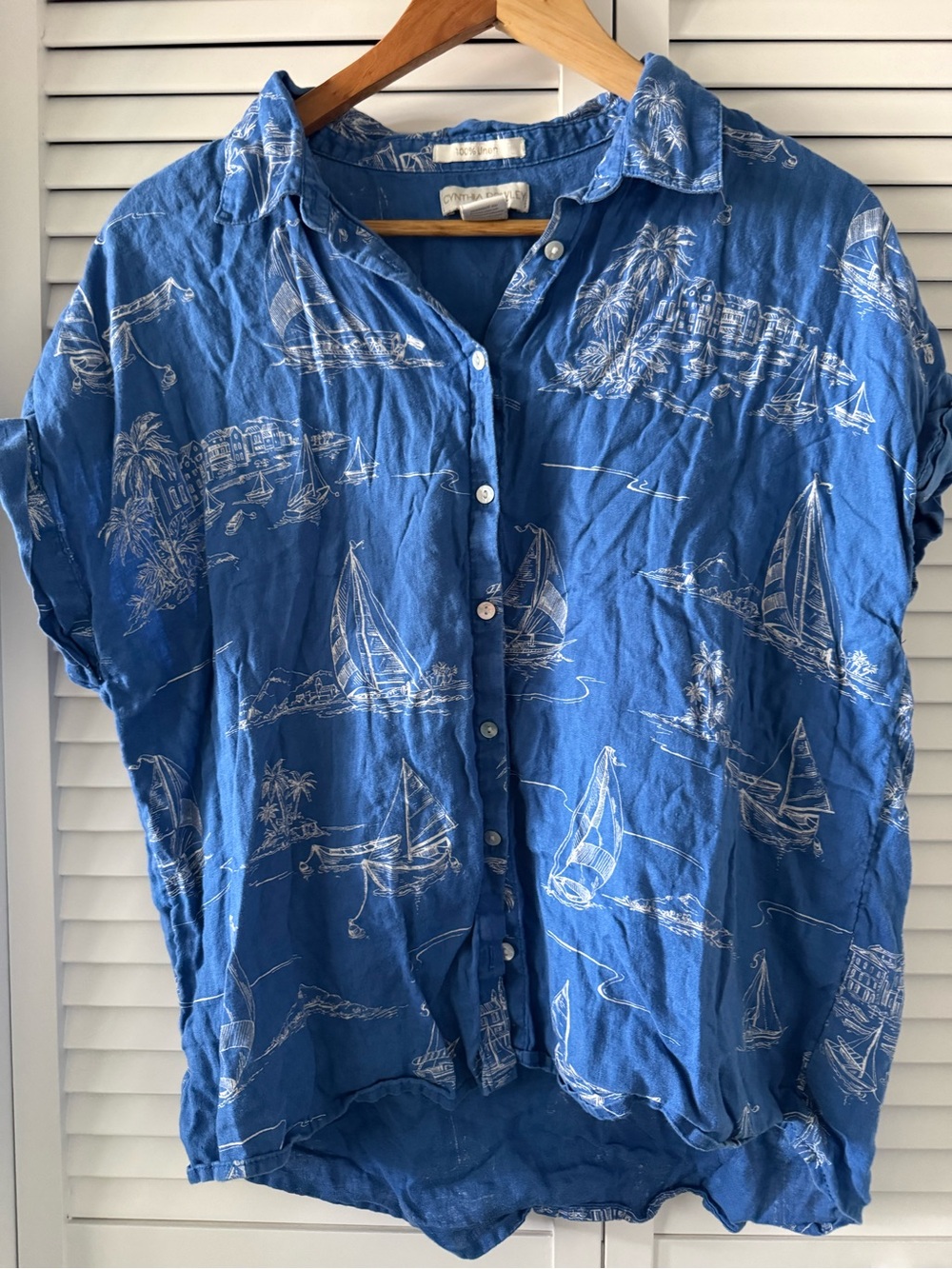 Cynthia Rowley Linen Blue Short-Sleeve Boat Print Button-Down Shirt